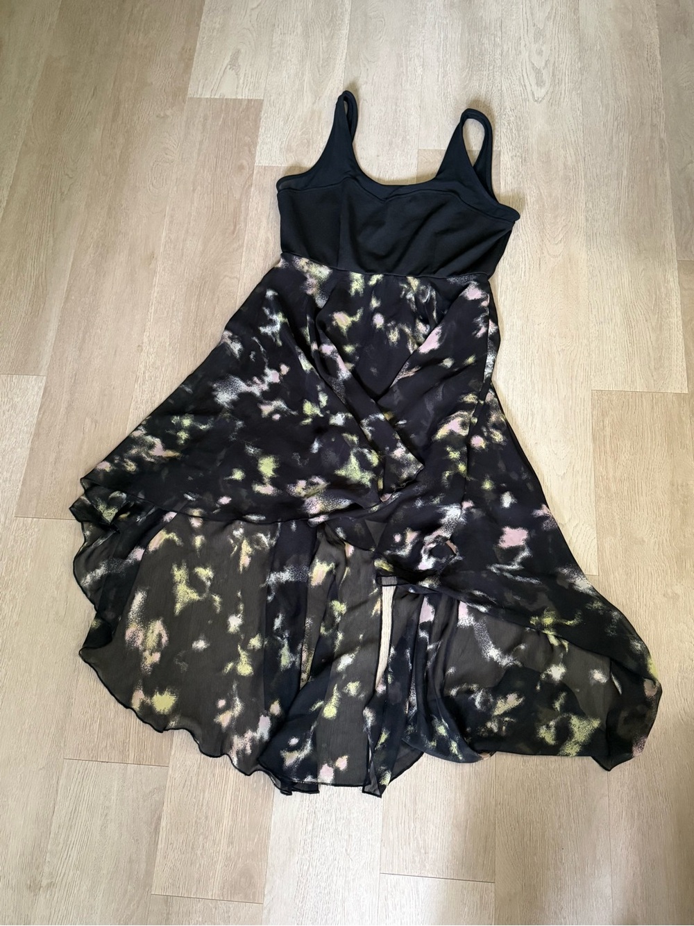 Material Girl Black High-Low Dress with Pale Pink and Light Green Print